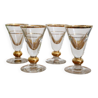 Ensemble de 4 verres à pied bistrot, liseré doré, vintage