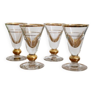 Set of 4 glasses with bistro stem, gold edging, vintage