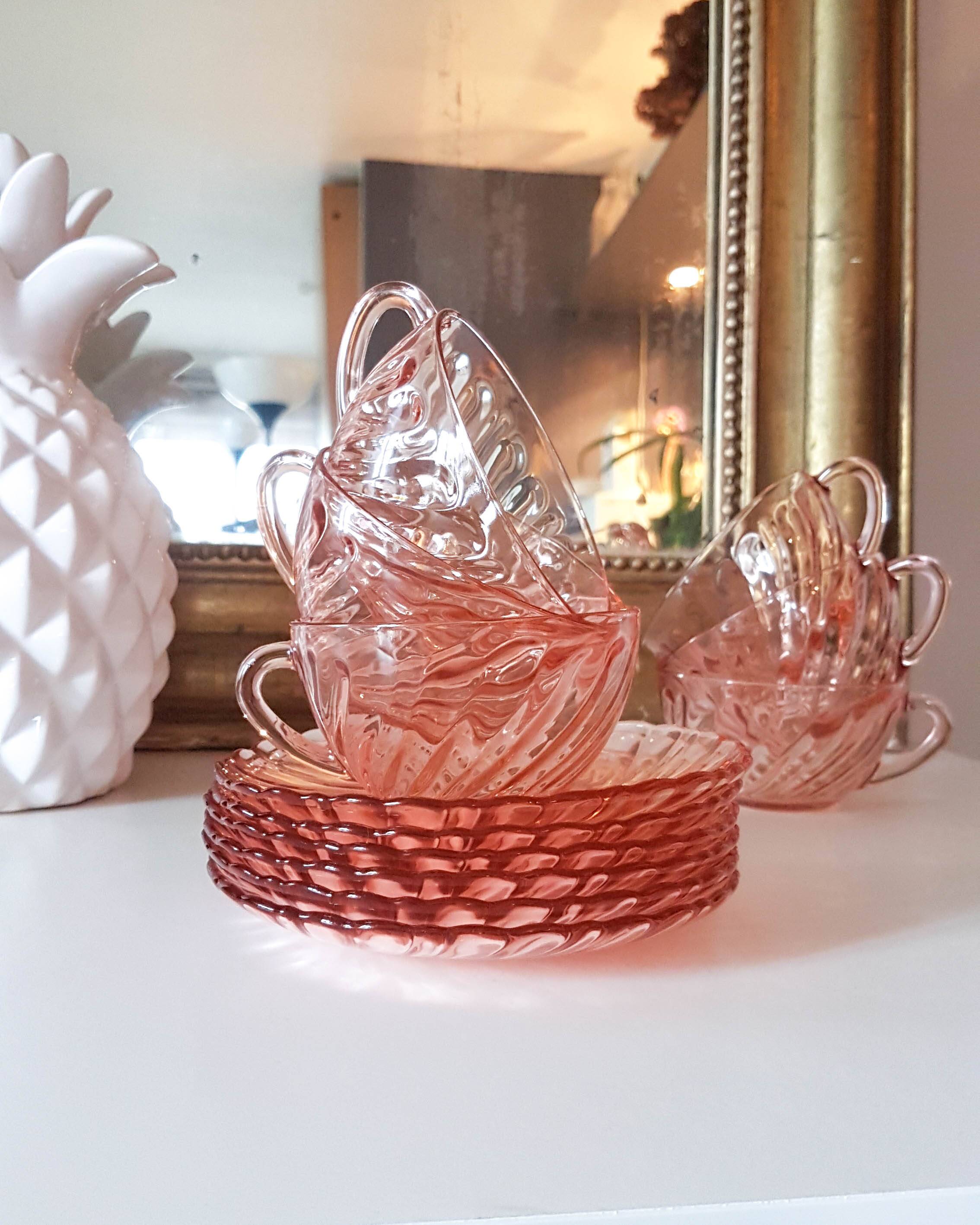 6 Rosaline LUMINARC pink glass tea cups and saucers made in France