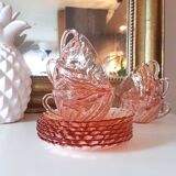 6 Rosaline LUMINARC pink glass tea cups and saucers made in France