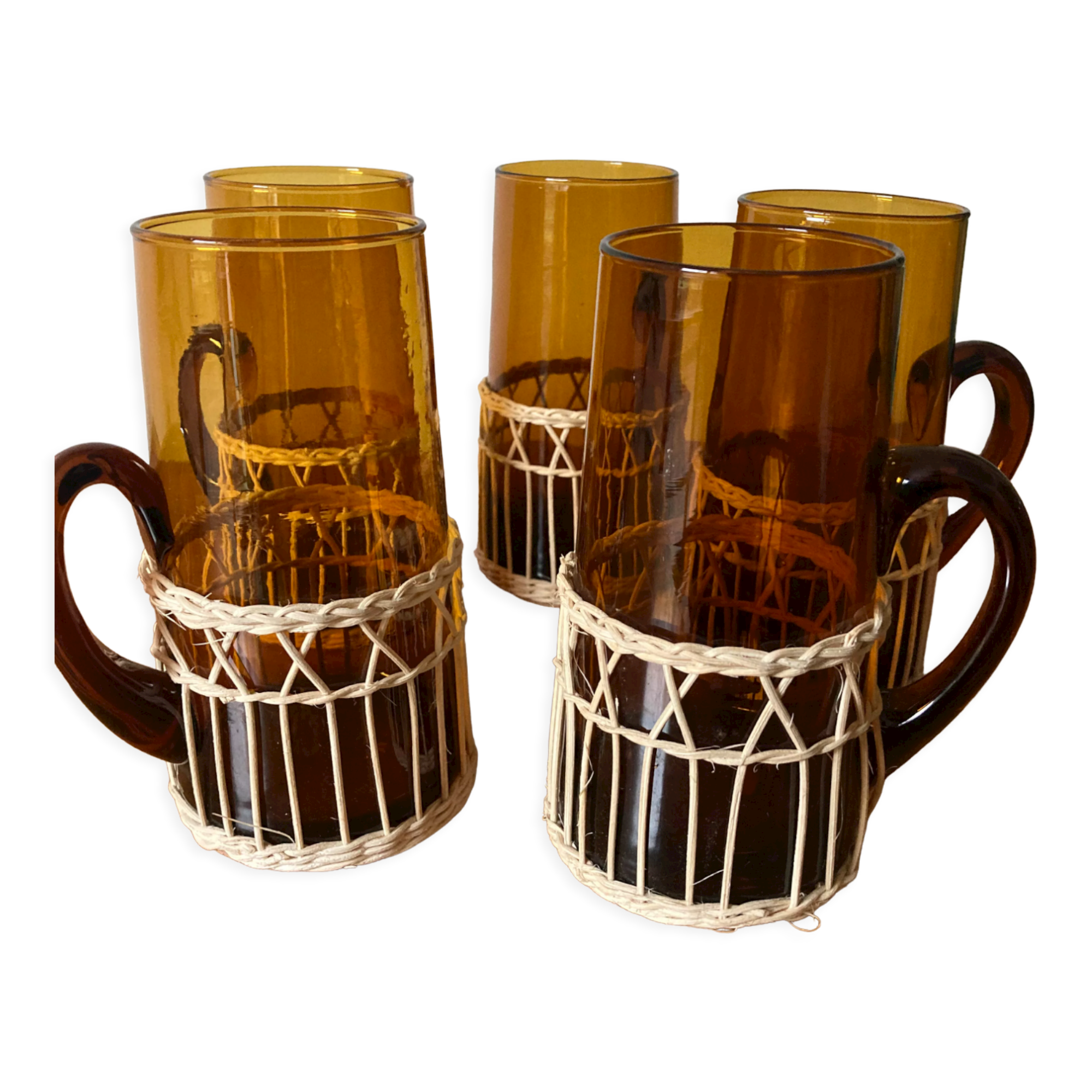 Set of 5 glass and rattan mugs
