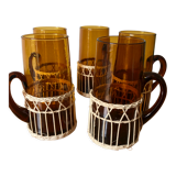 Set of 5 glass and rattan mugs