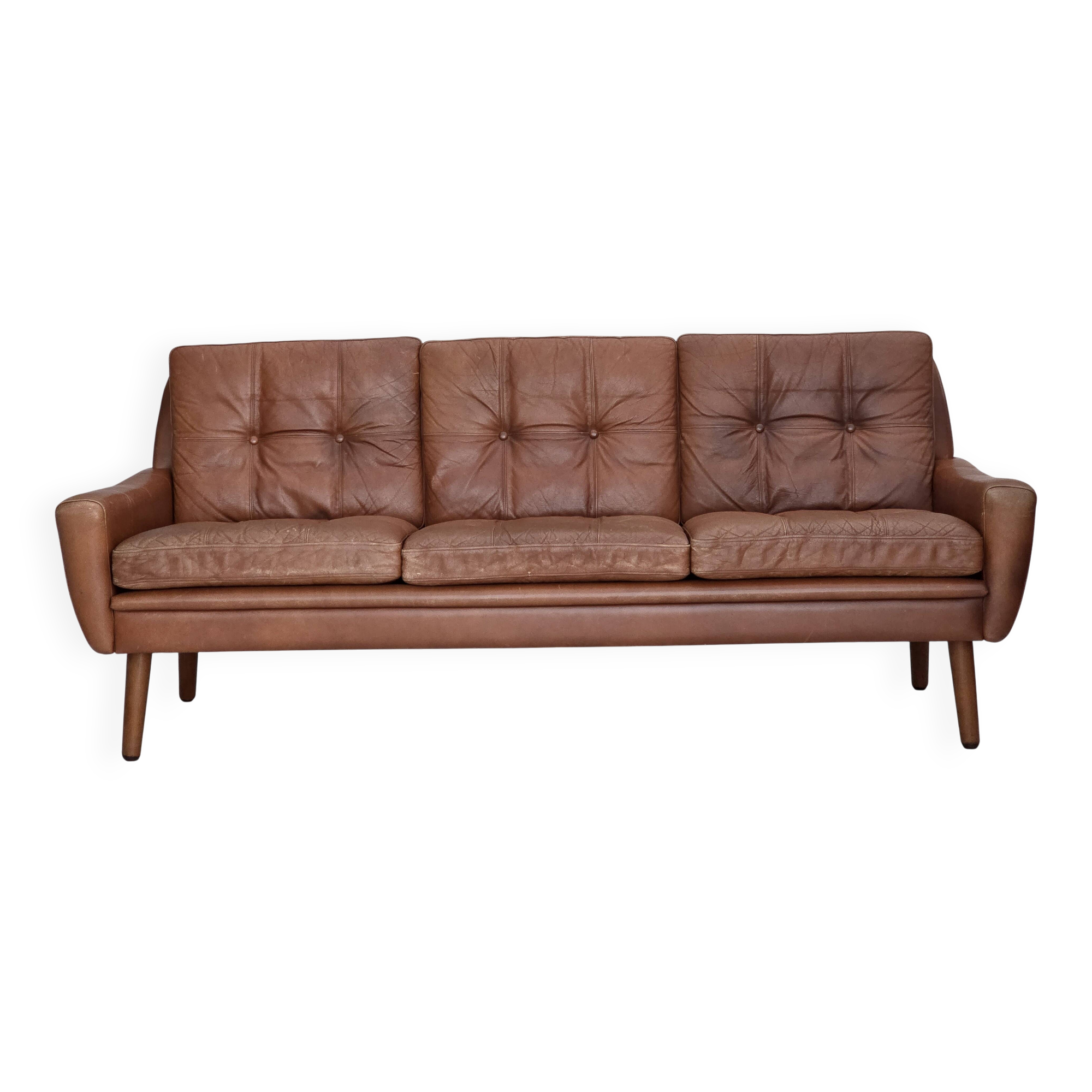 1970s, 3-seater Danish sofa, brown furniture leather with patina.