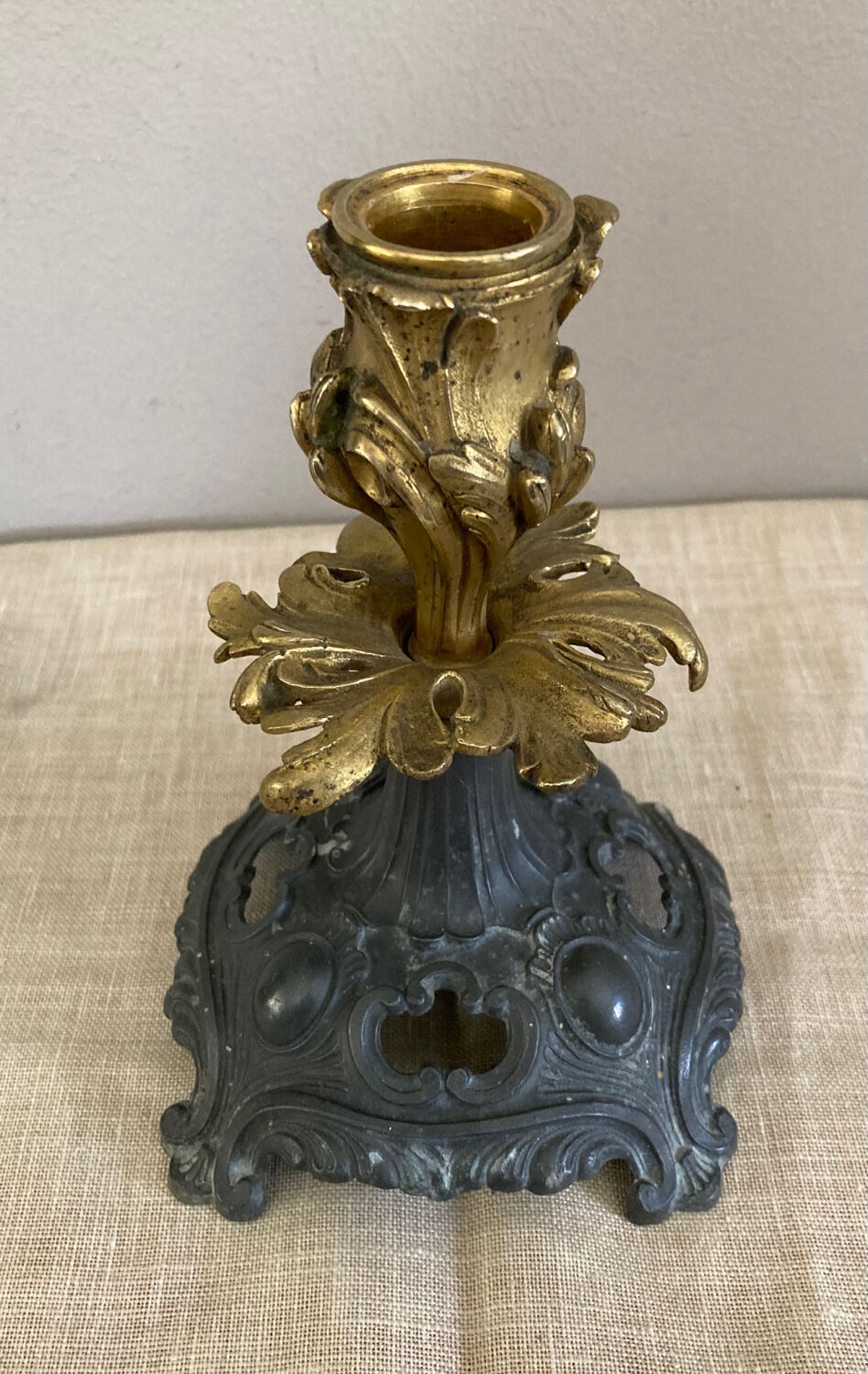 Louis XV candlestick in solid bronze openwork pewter base early twentieth century