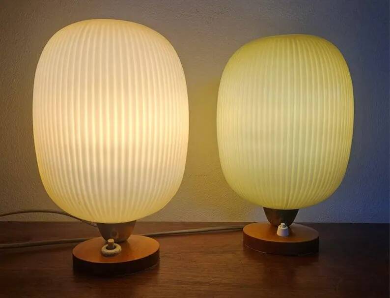 Rare Pair of Table Lamps, Glass and Wood, 1960s