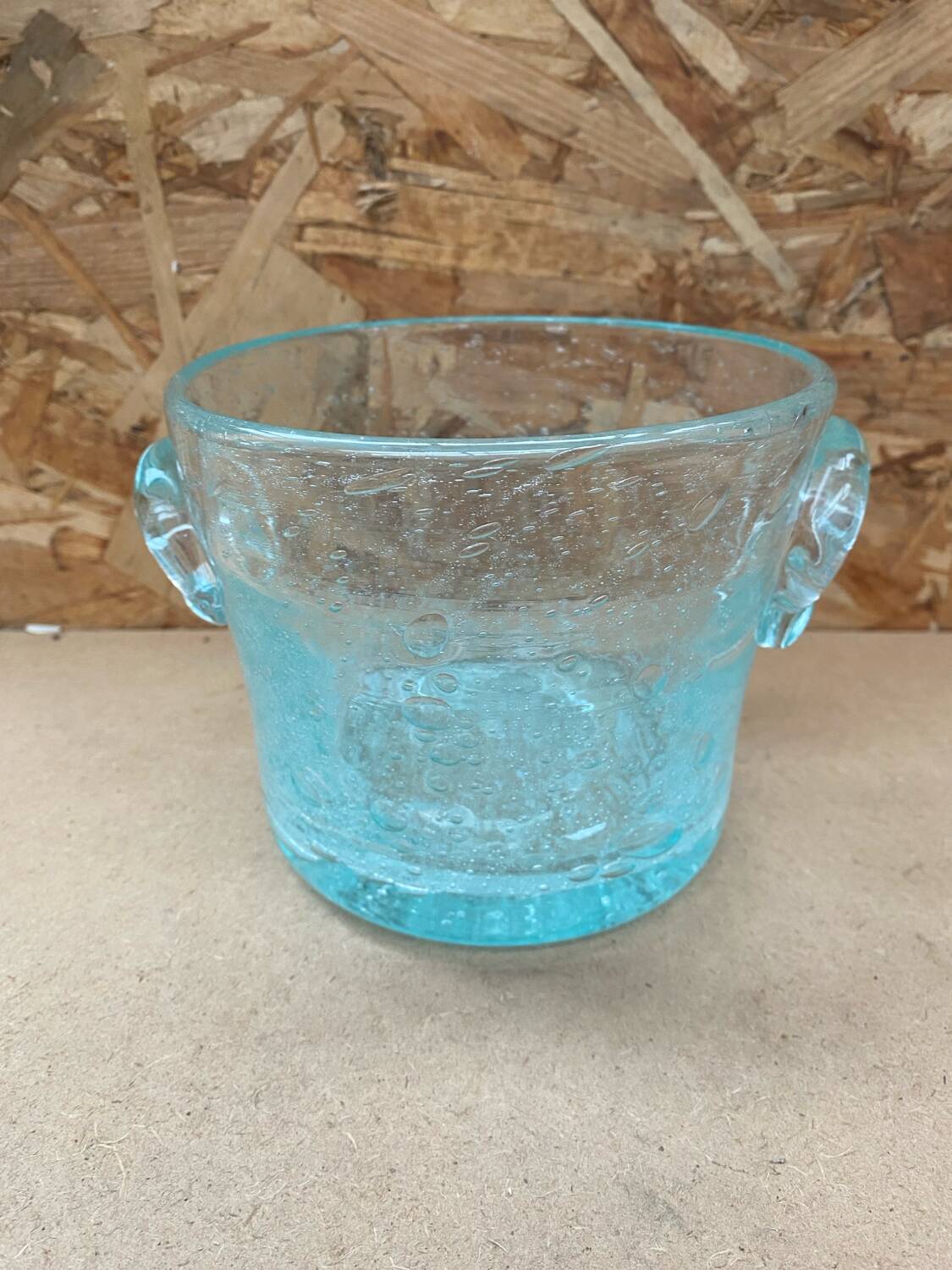 Antique BIOT Style Ice Bucket Blue Bubble Blown Glass Vintage #B620