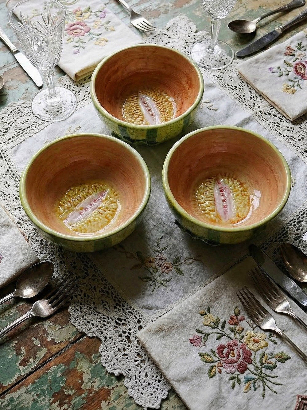 3 earthenware bowls with melon decoration, vintage 1980s.