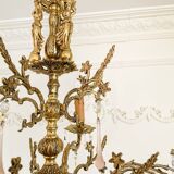 Lustre ancien en bronze à 5 bras avec verre de Murano rose et cristal