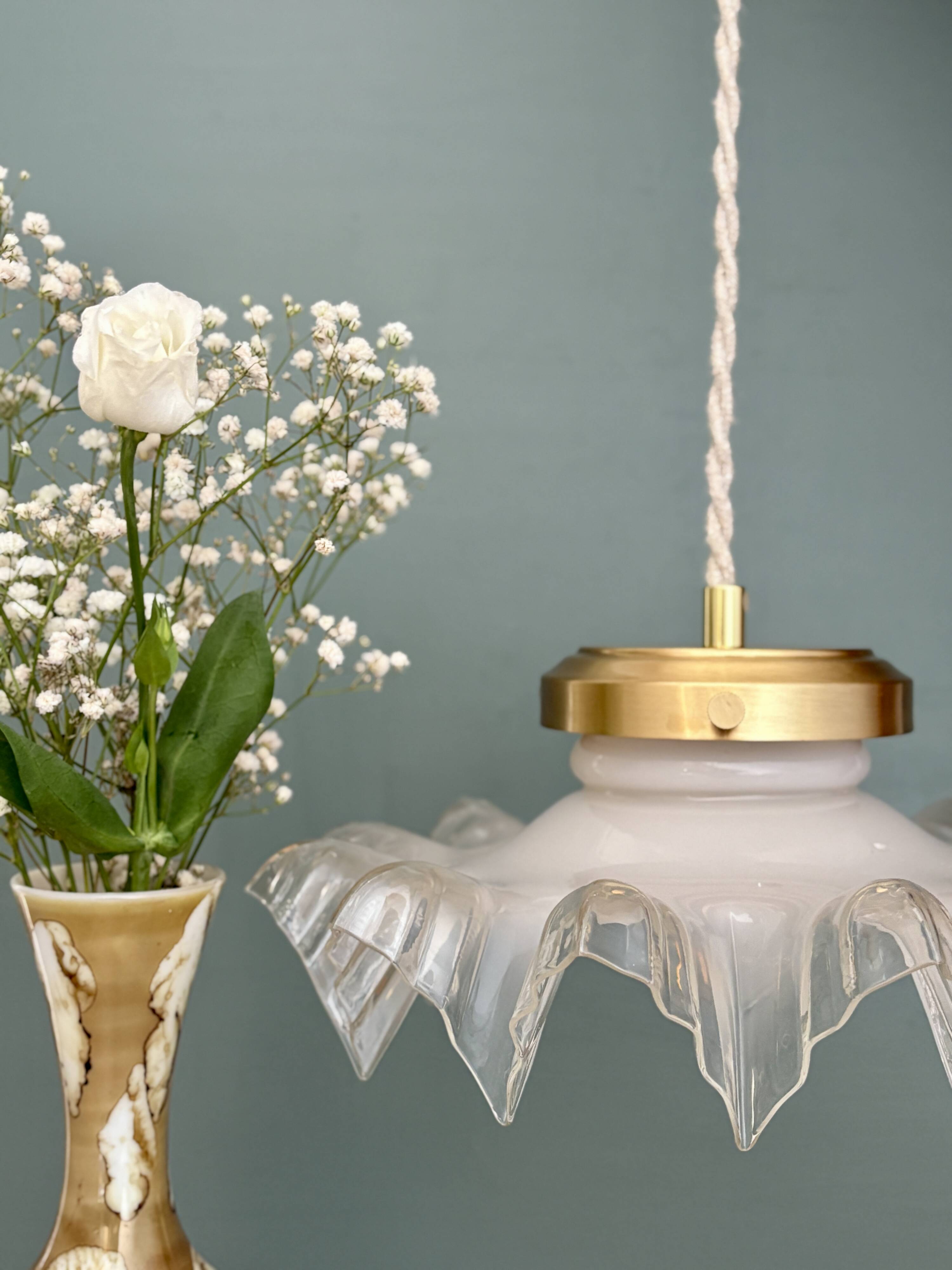 Vintage lace glass pendant lampshade, half white, half transparent