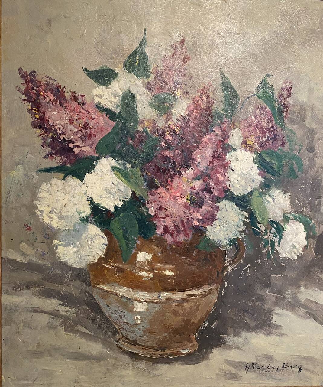 Antique painting, still life with lilacs and peonies signed Van der Berg circa 1950