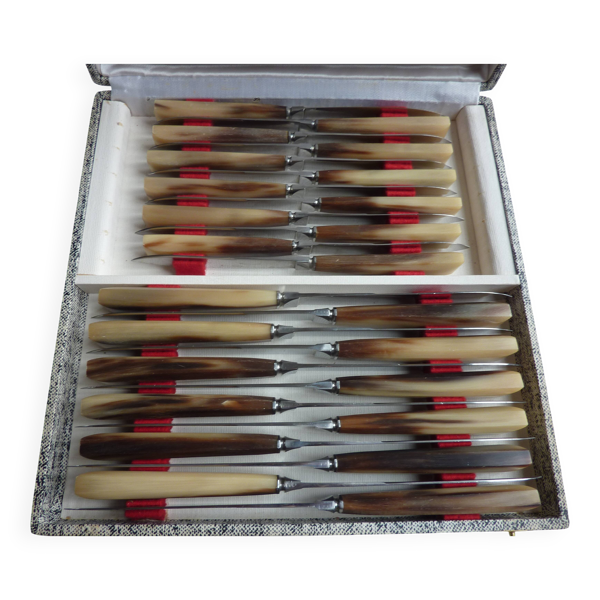 Coffret de 2 couteaux 12 grand 12 petits marche en corne Art Déco