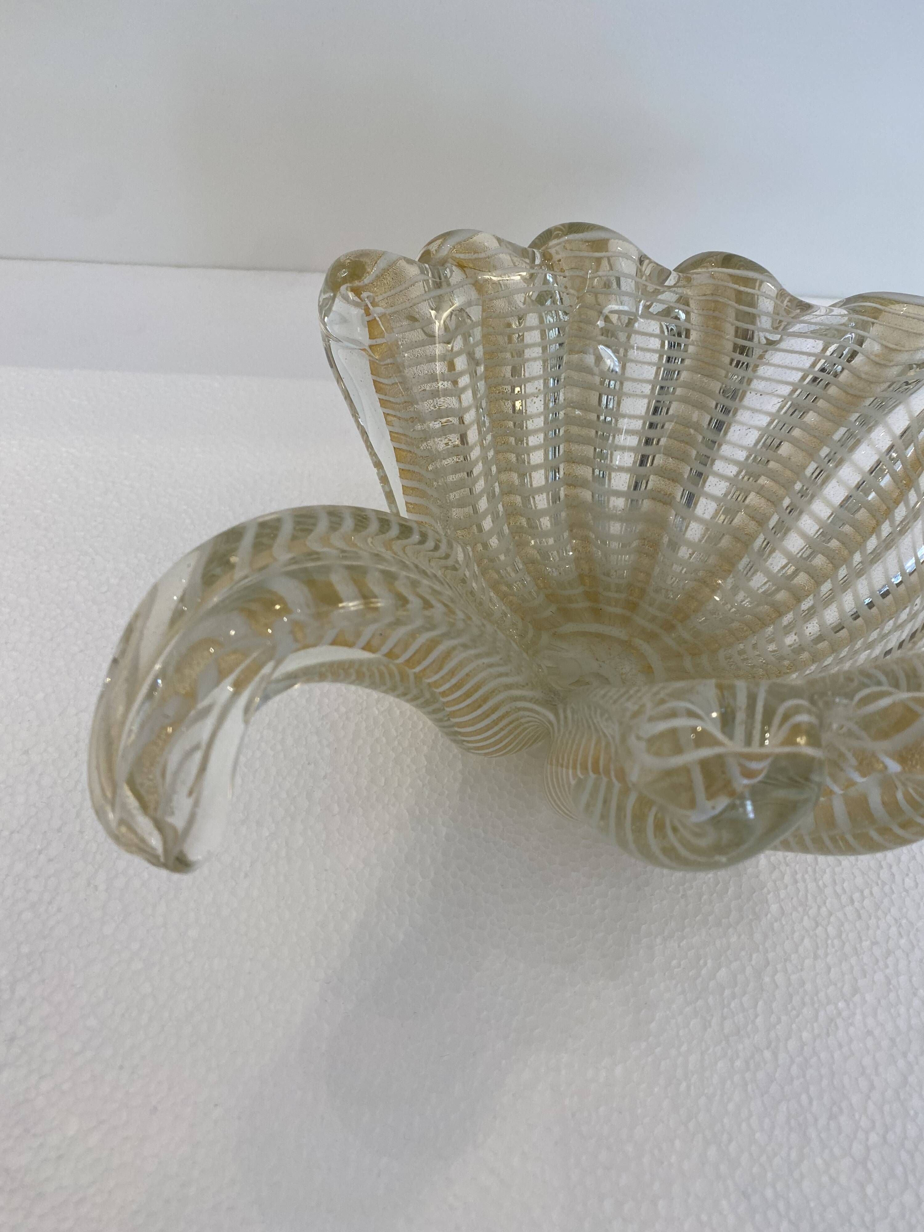 Murano Barovier 'Zebrati' Decor Glass Shell Bowl Hollywood Regency, 1960s