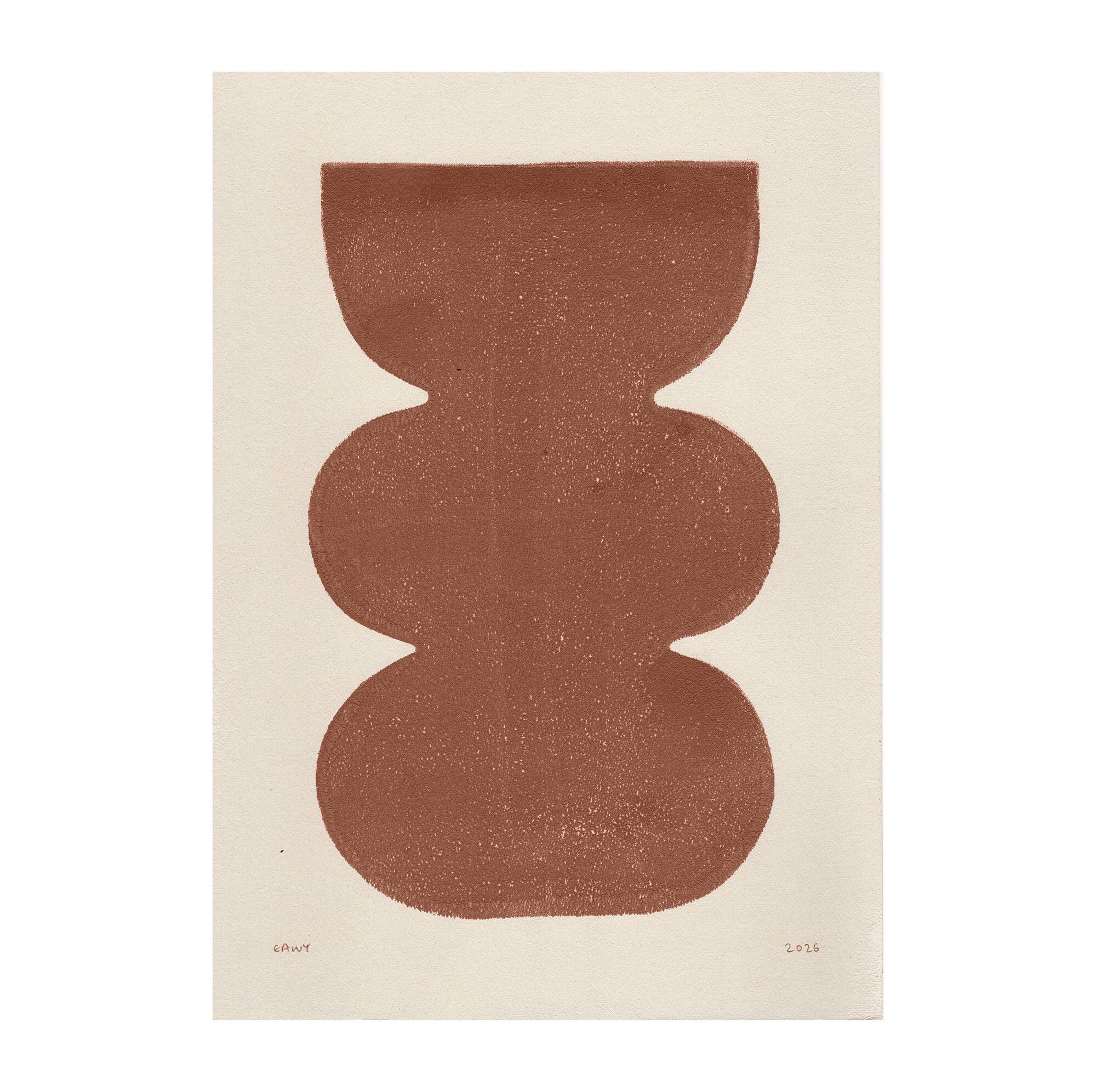 Duo of terracotta abstract paintings on paper signed Eawy.