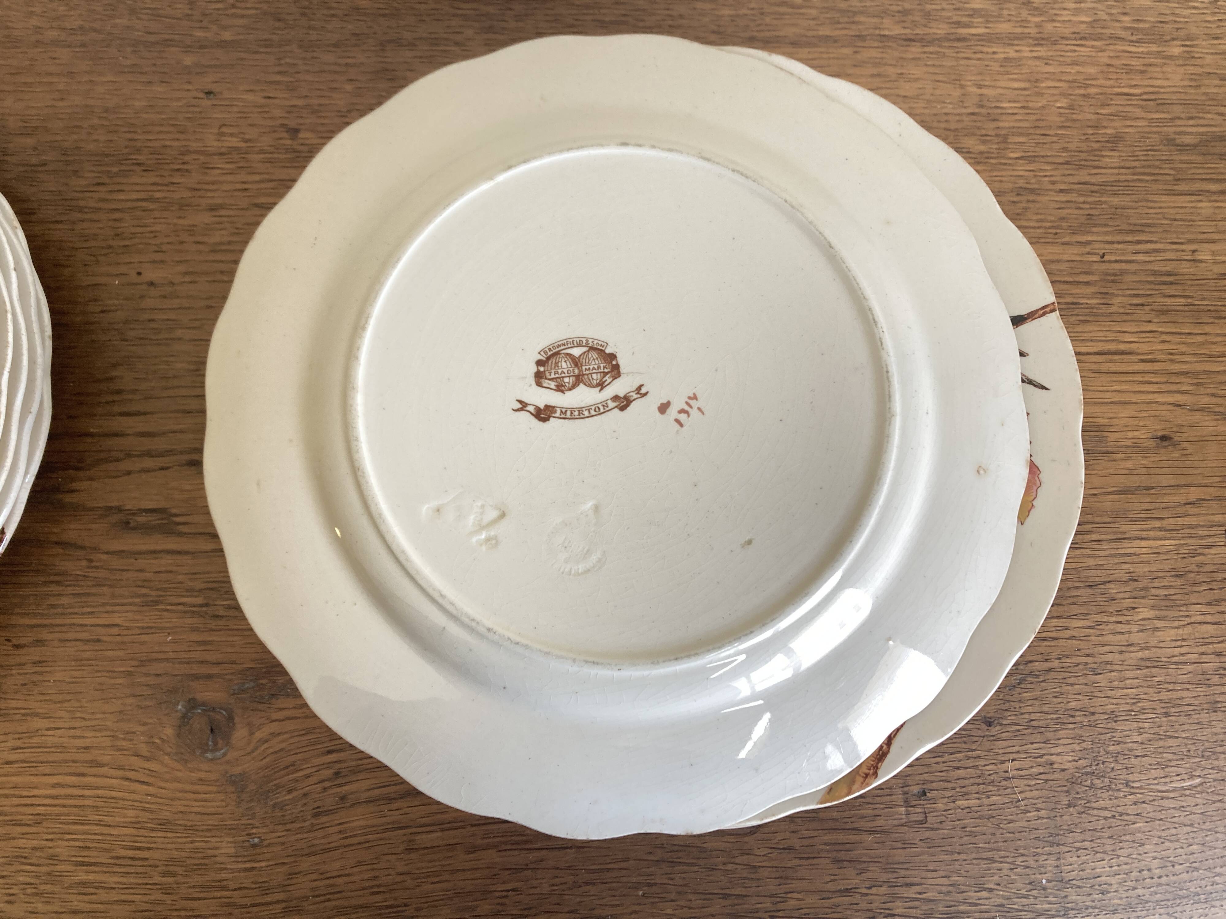set de 12 assiettes polychrome 1850 ondulées Brownfield England oiseaux