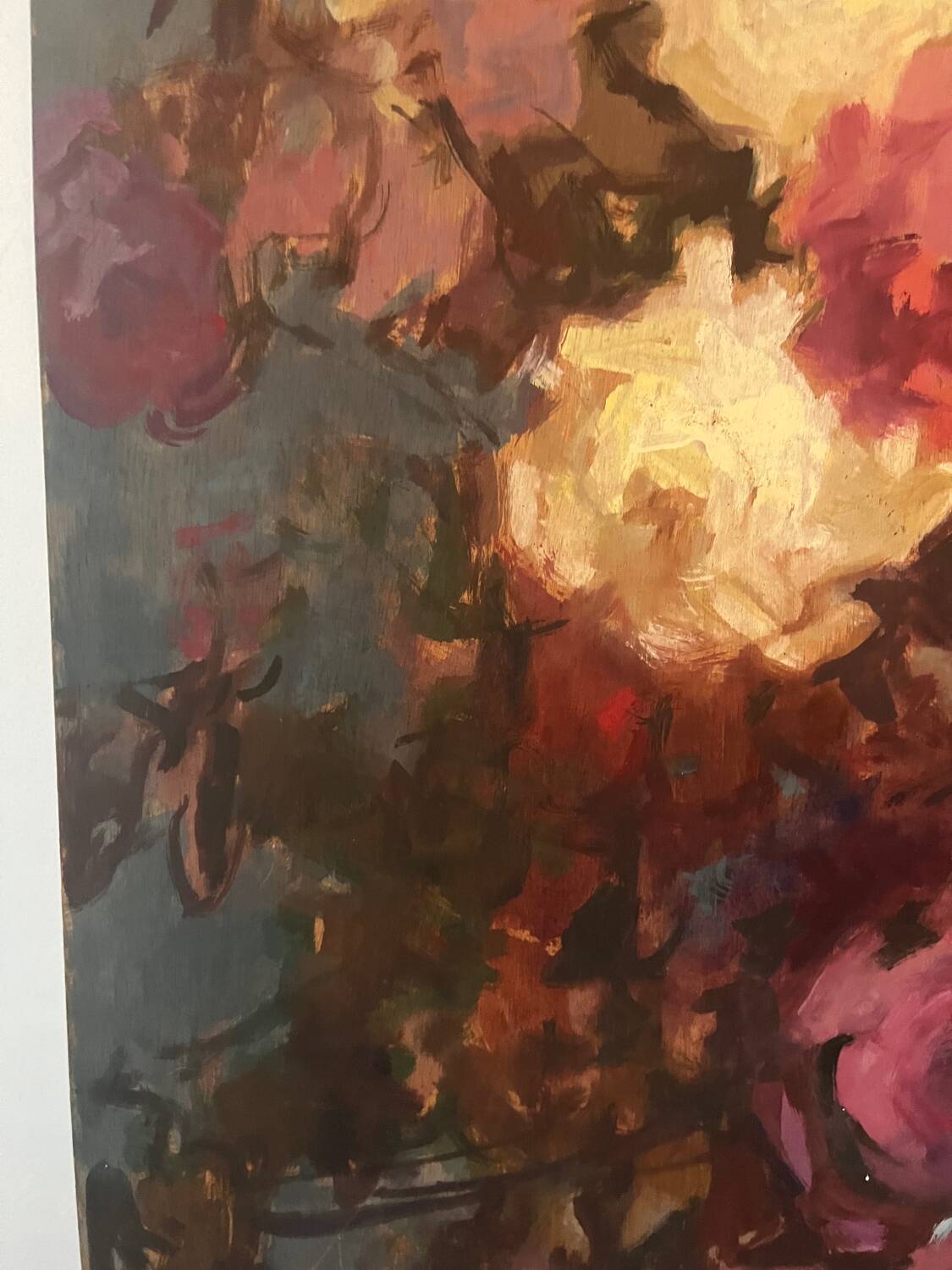 Large bouquet of roses, oil on wood panel, signed