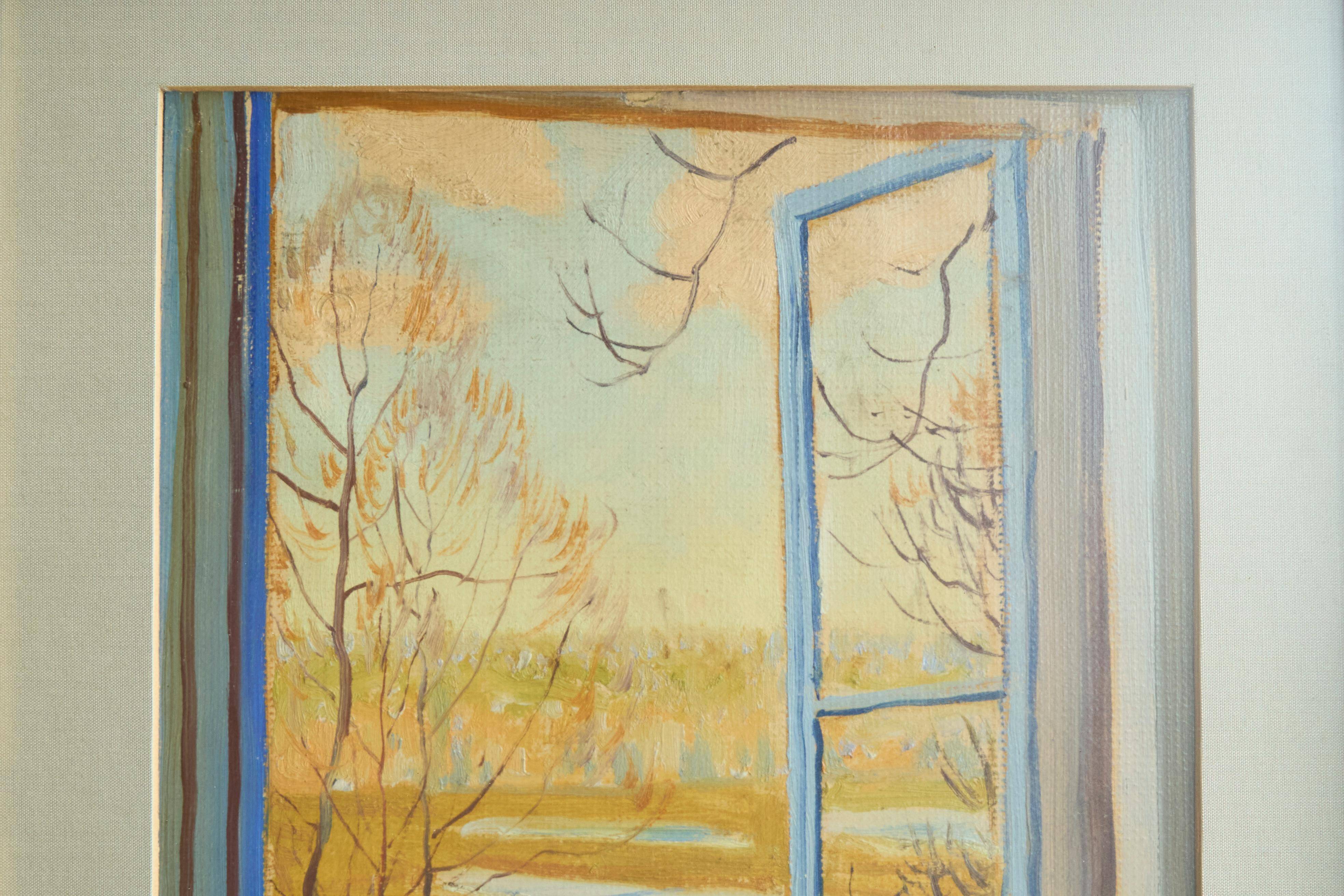 Painting of an open window with flowers, Belgium early 20th century.