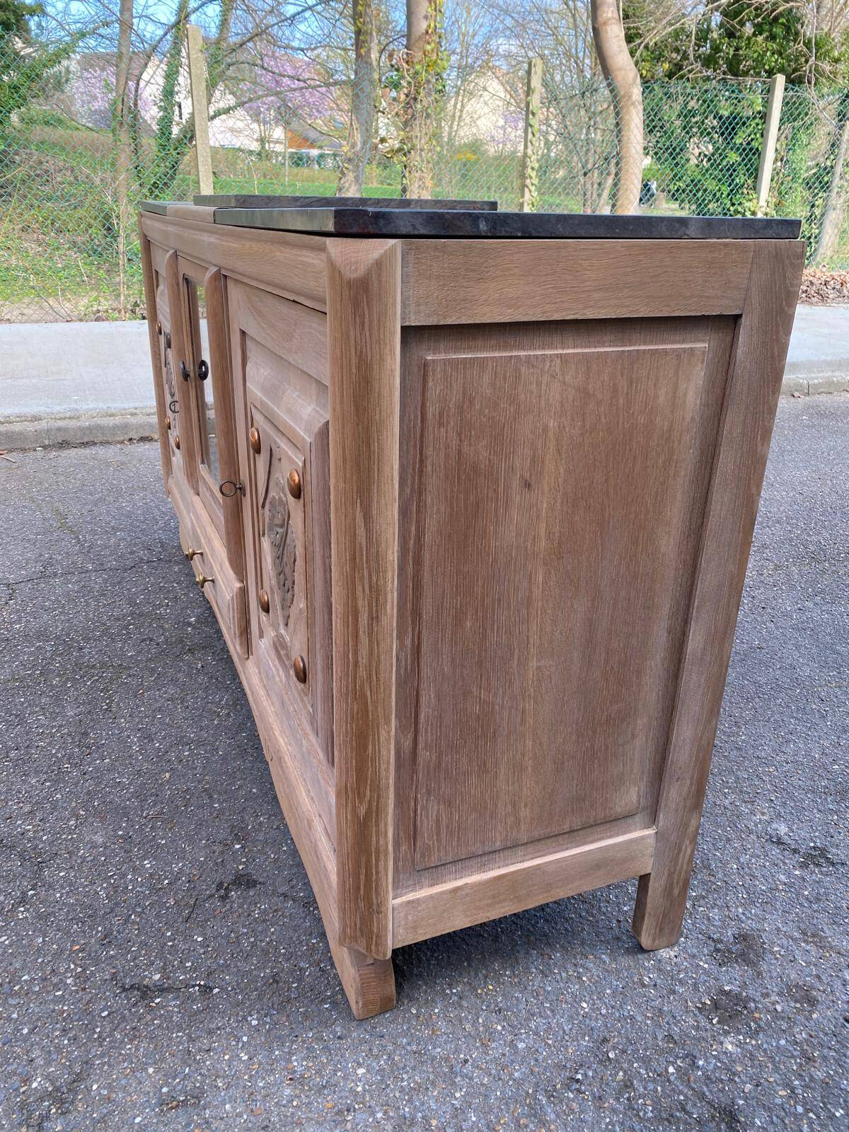 Renovated art deco sideboard in solid raw oak and gray marble 186cm