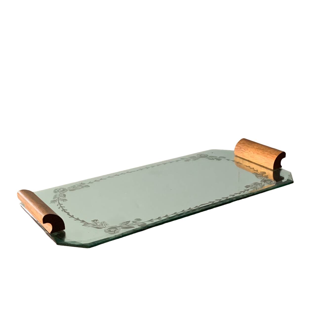 Art Deco mirrored tray with wooden handles