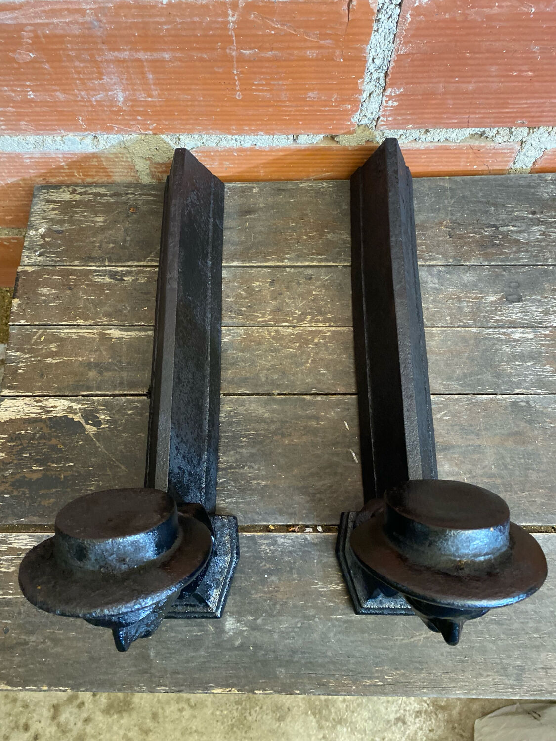 Pair of Fireplace Chenets Man with Hat Black Cast Iron Vintage #D703