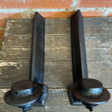 Pair of Fireplace Chenets Man with Hat Black Cast Iron Vintage #D703