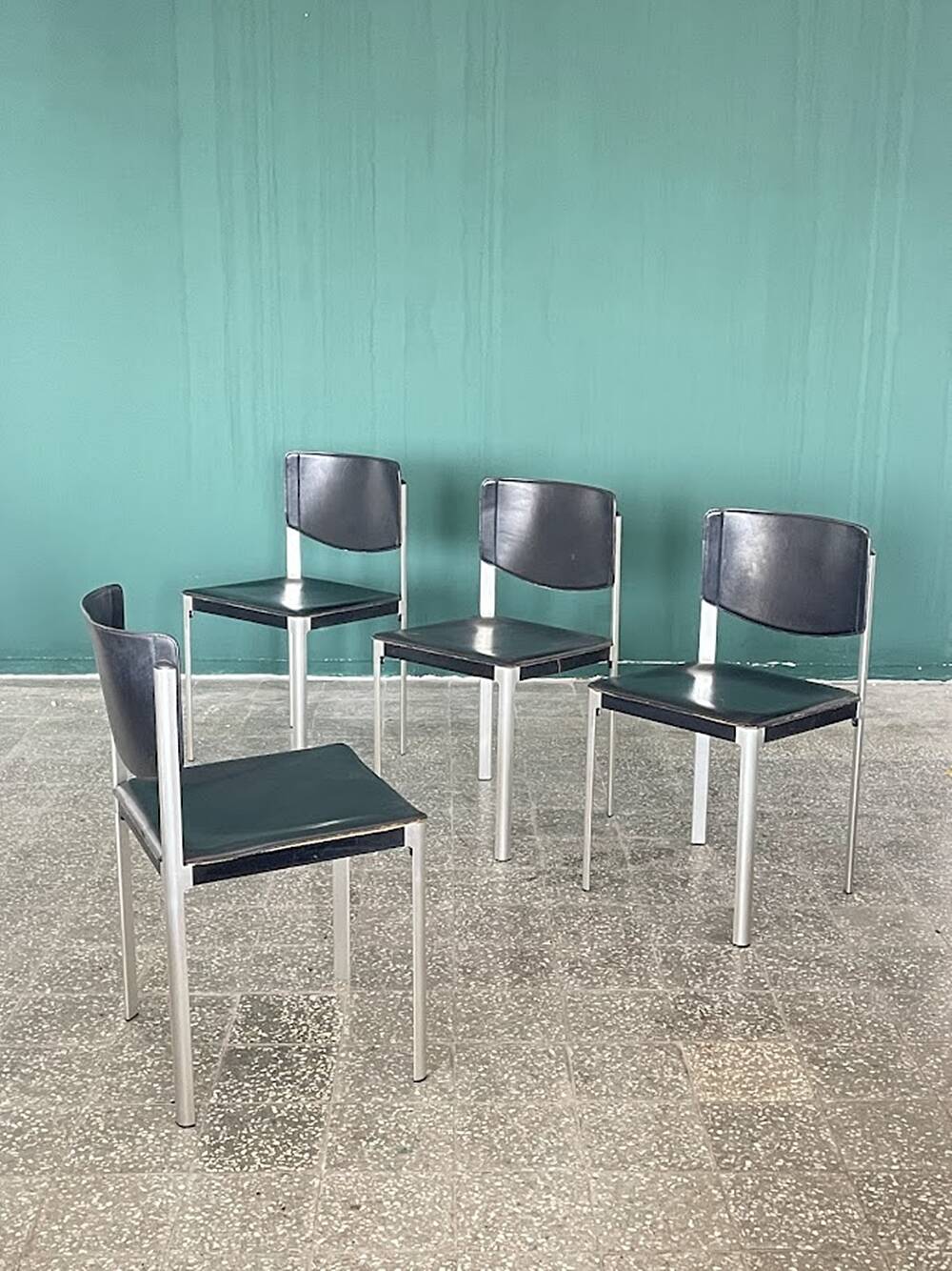 Set of 4 Matteo Grassi Postmodern Black Leather Dining Chairs, Italy, 1980s