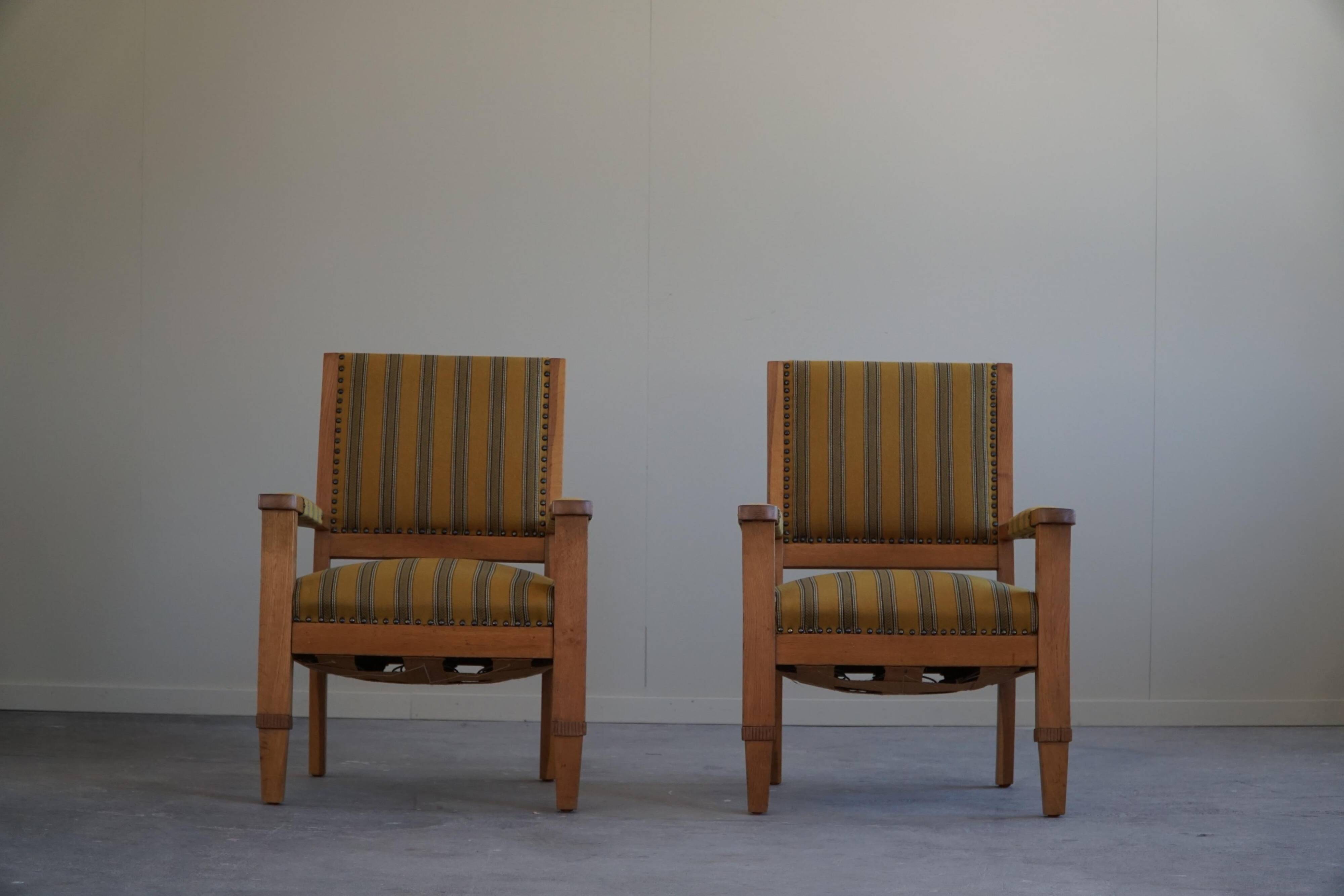 Pair of Art Deco armchairs in oak and fabric, Danish cabinetmaker, 1940s