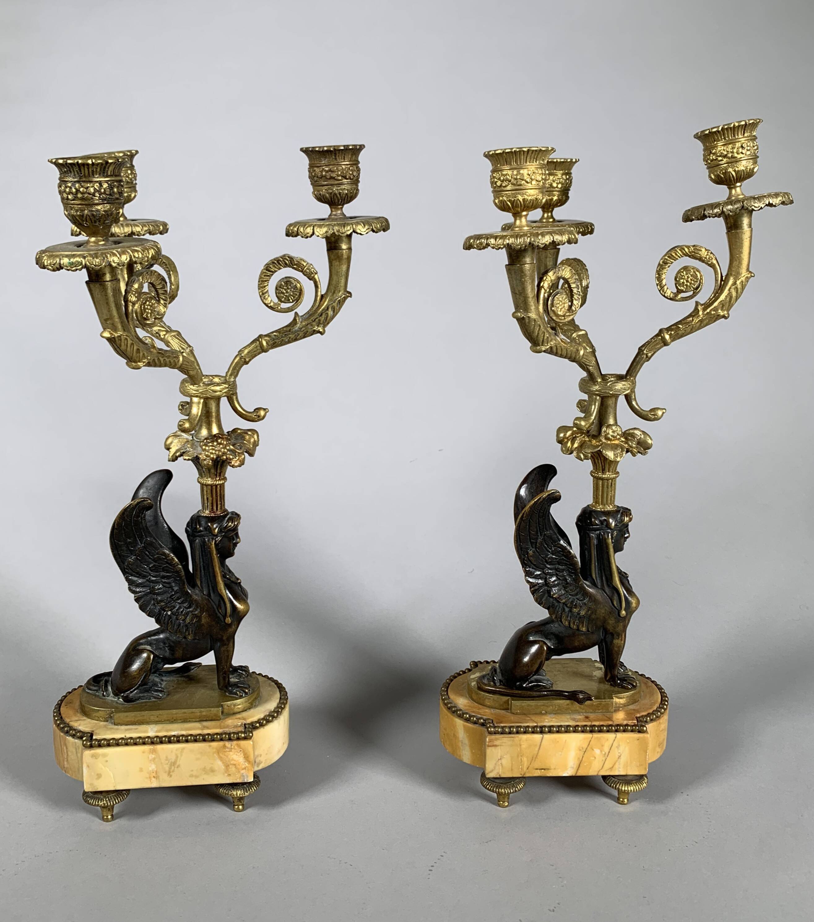 Paire De Candelabres Aux Sphinges En Bronze Dore,  XIXeme Siècle