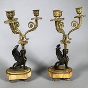 Paire De Candelabres Aux Sphinges En Bronze Dore,  XIXeme Siècle