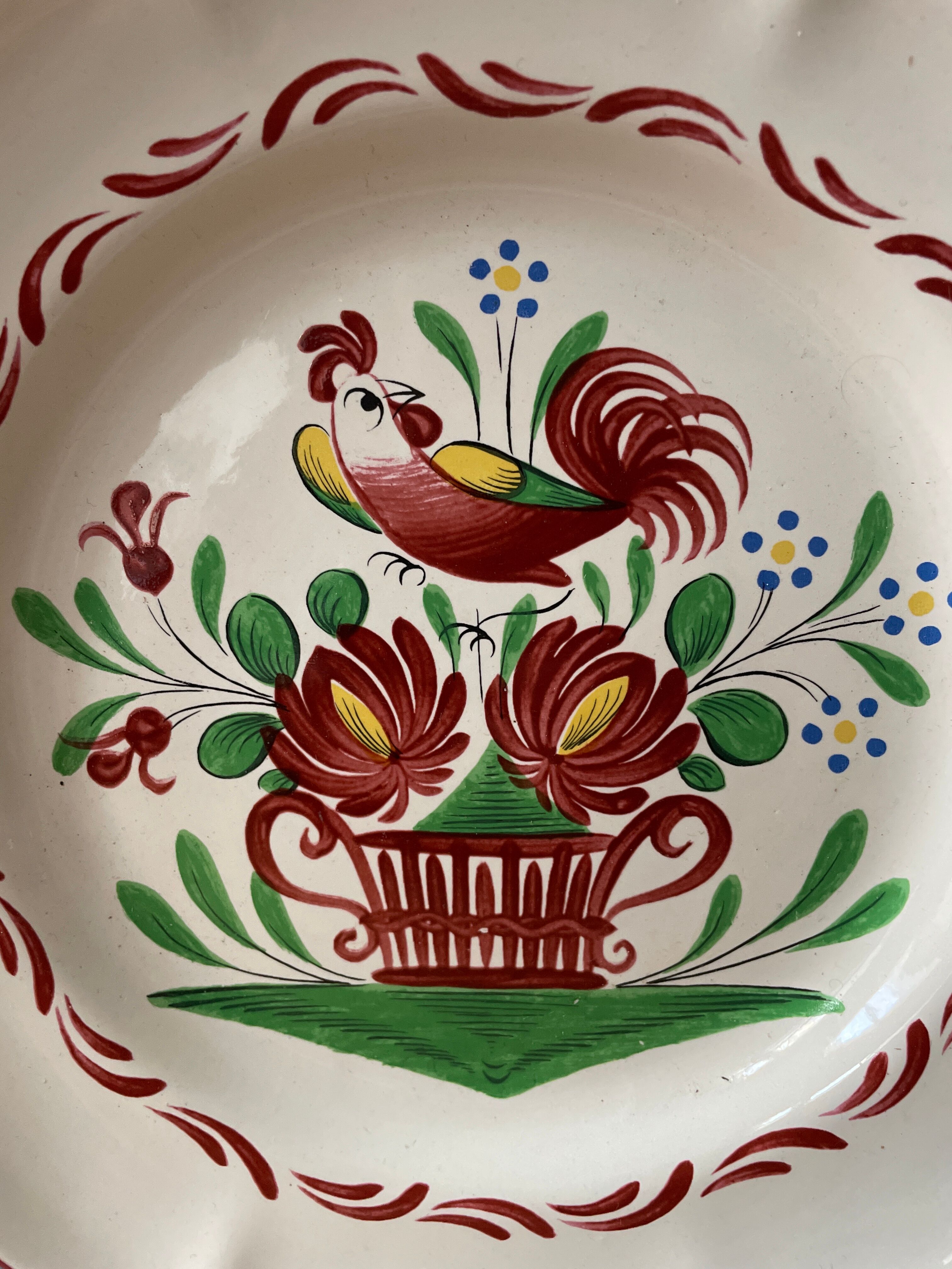 St Clement France plate, floral basket and rooster decoration