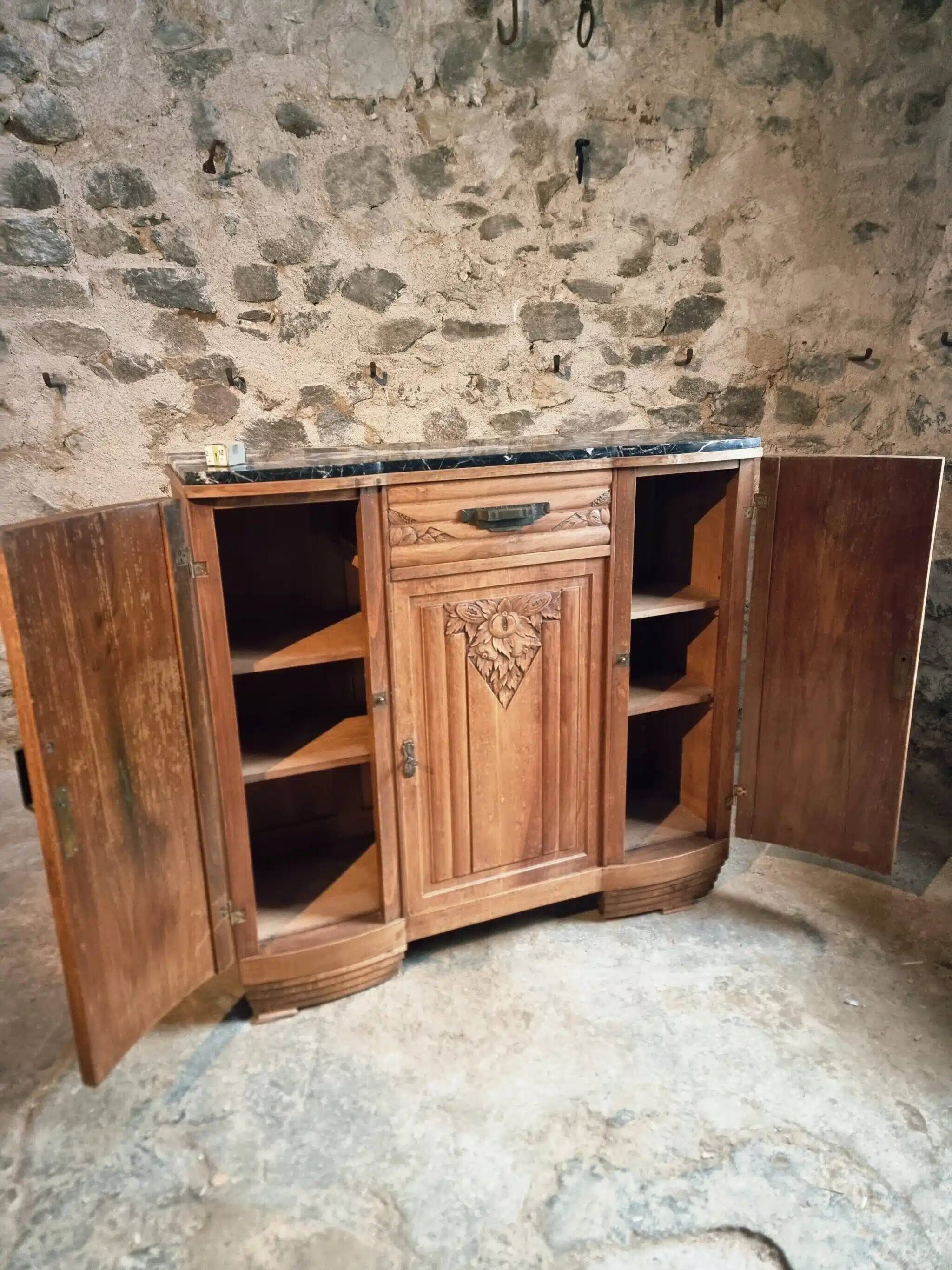 French Art Deco walnut sideboard with marble top, 1920s