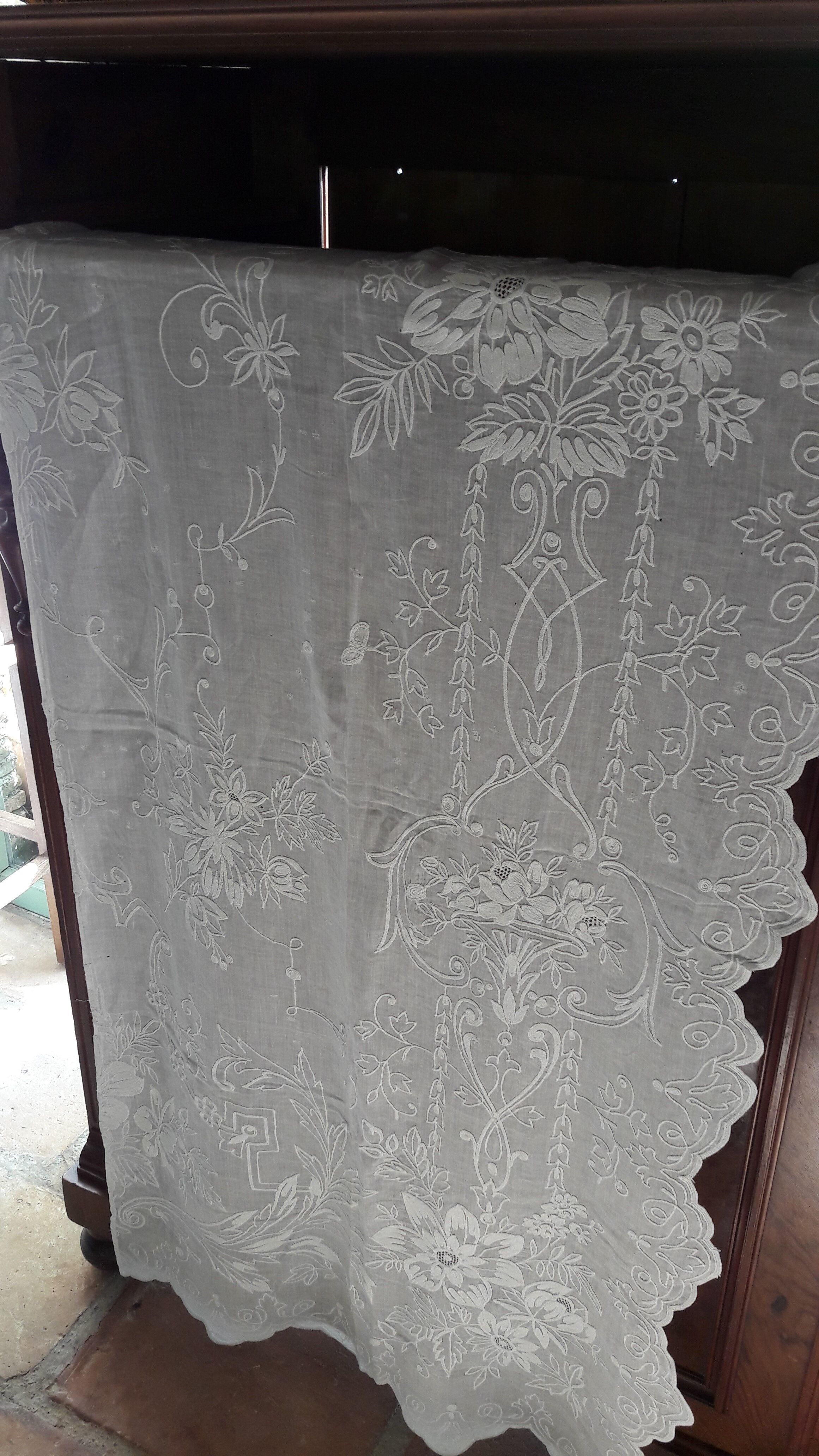 Pair of old curtains embroidered in cotton thread