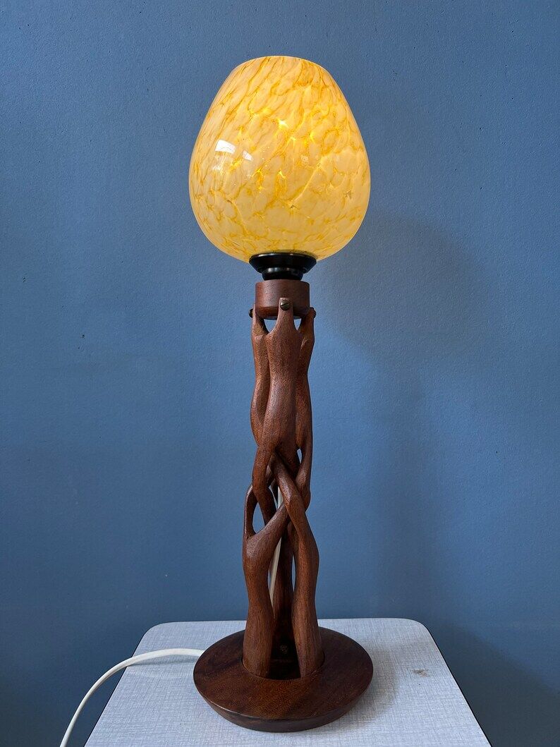 Hand-carved wooden table lamp with art deco lampshade