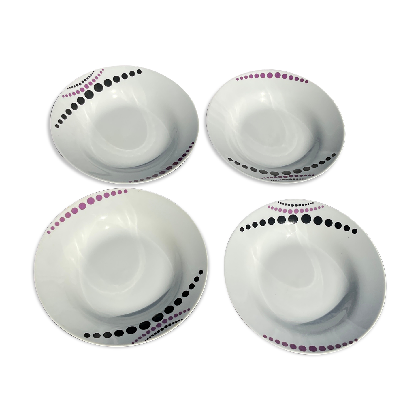 Vintage white hollow plates with purple polka dots