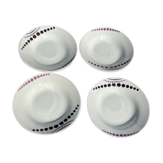 Vintage white hollow plates with purple polka dots