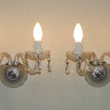 Pair of French vintage double crystal wall lights with barley twist glass arms.