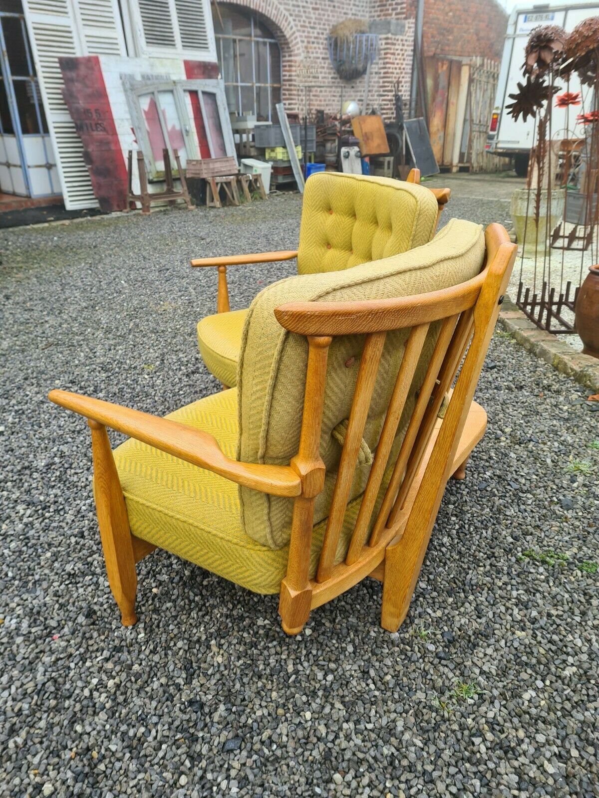 Vintage oak fan bench by Guillerme and Chambron