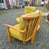 Vintage oak fan bench by Guillerme and Chambron