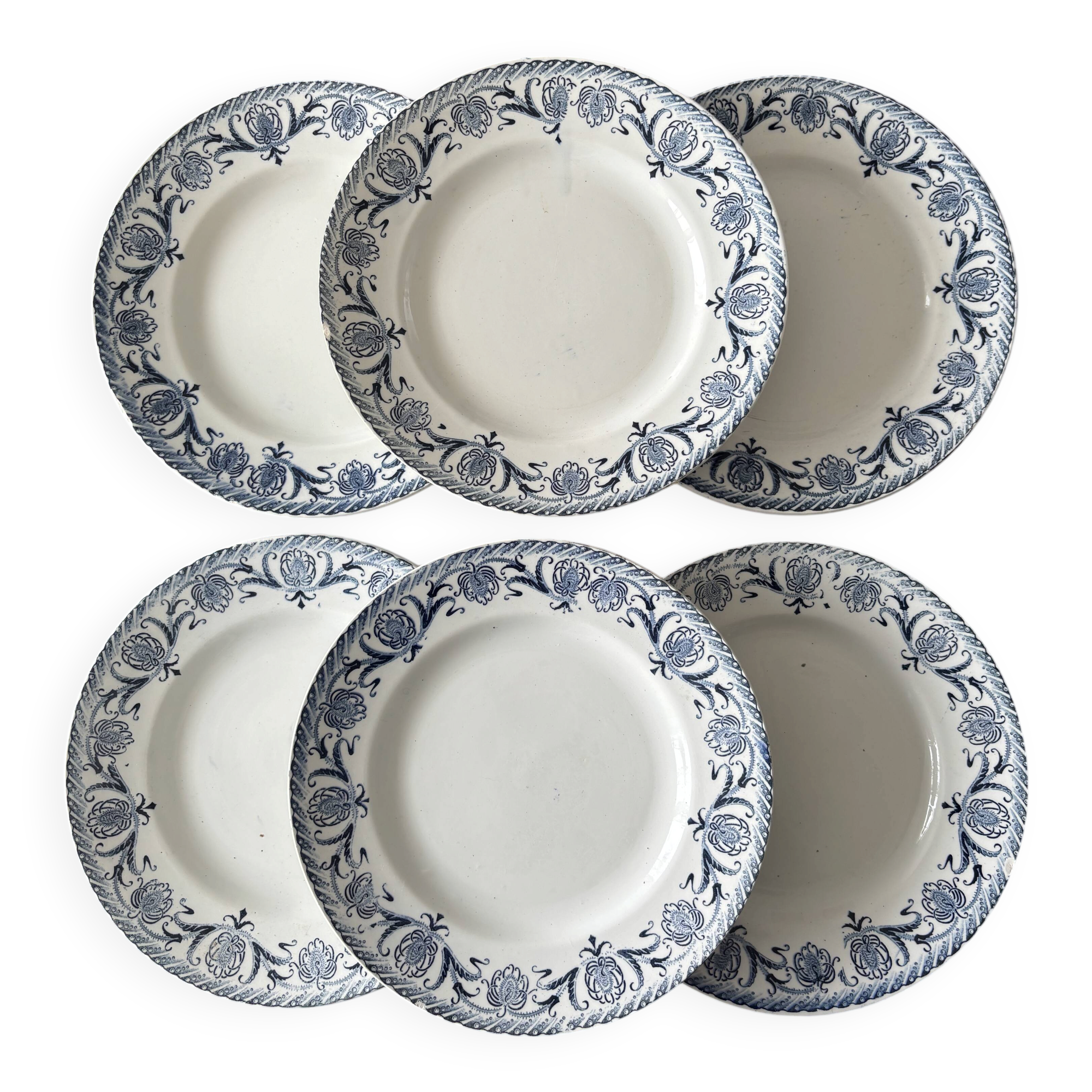 Set of 6 antique flat plates Moulin des Loups model Cardère |