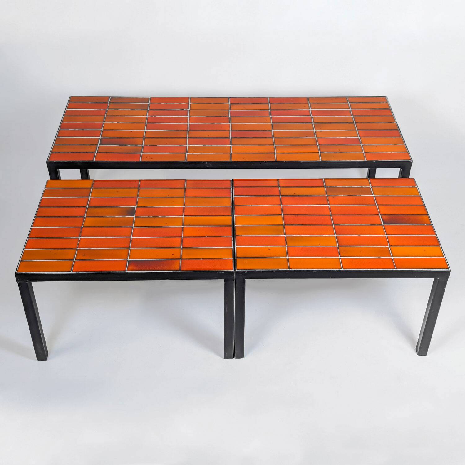 Three nesting tables in orange ceramic, attributed to Roger Capron, 1960