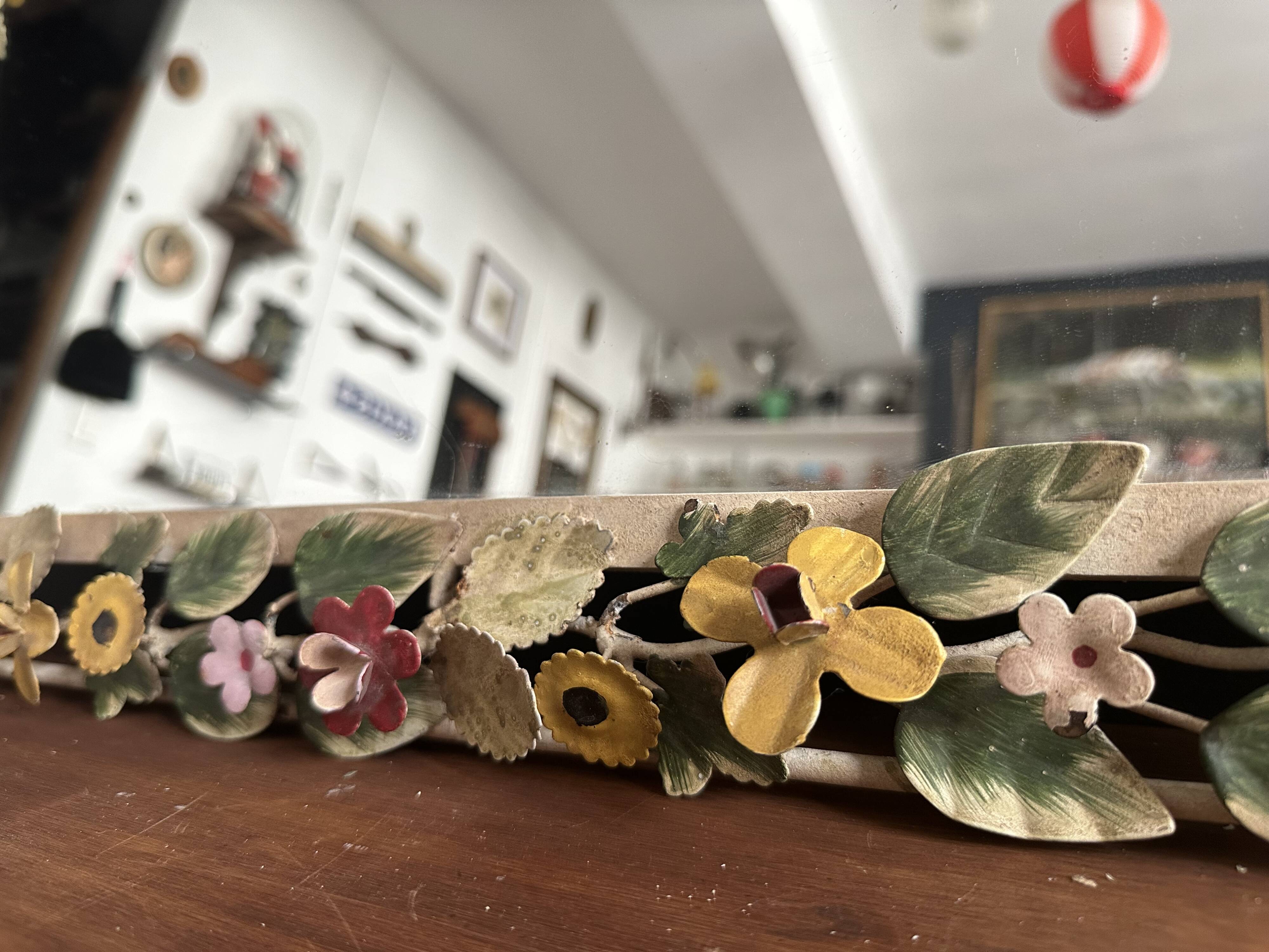 Italian wall mirror in polychrome floral metal, 1950s