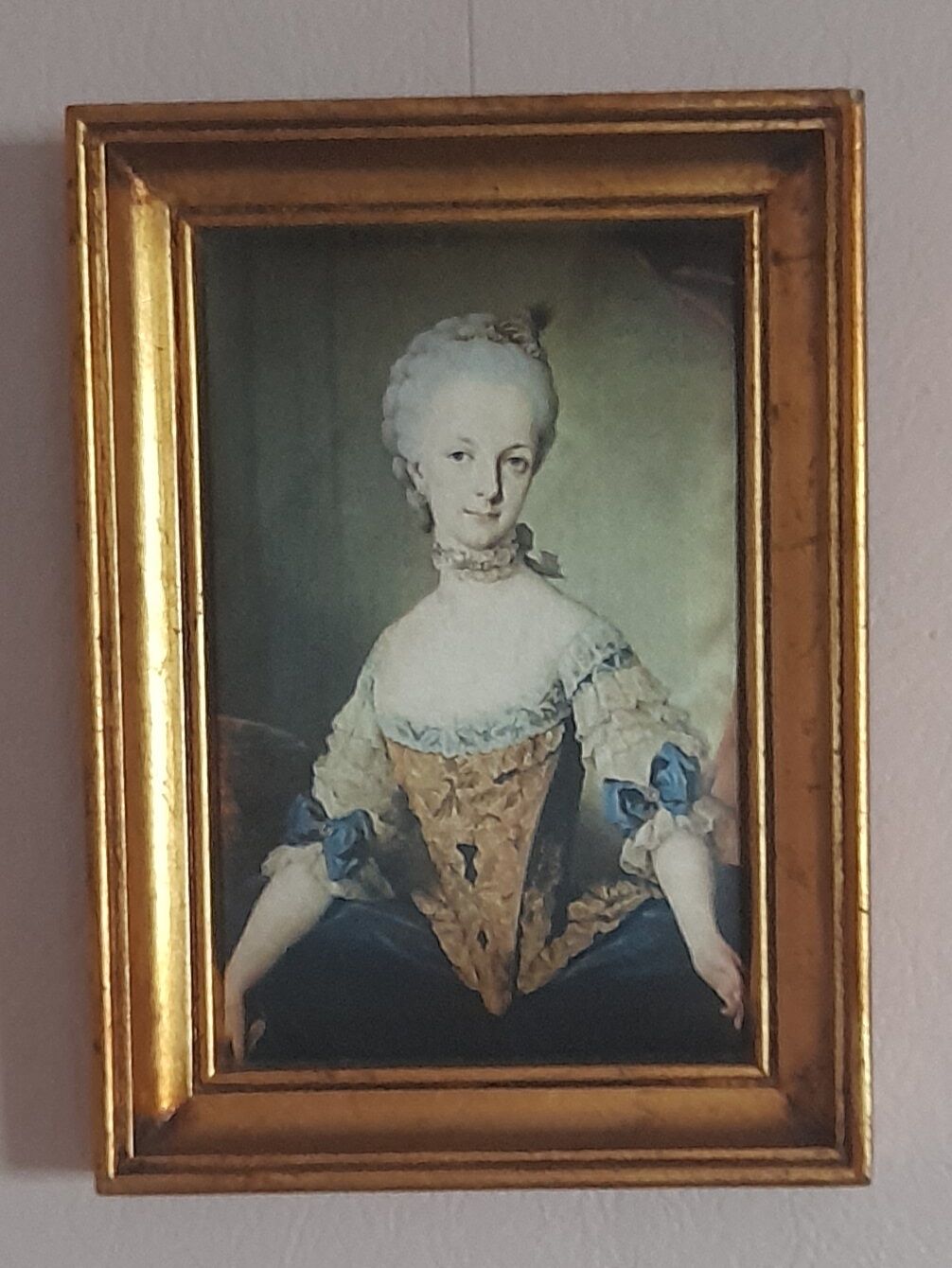 Gilded frame in fine gold, fabric portrait Marie Josephe of Austria, (13 cm x 18 cm)