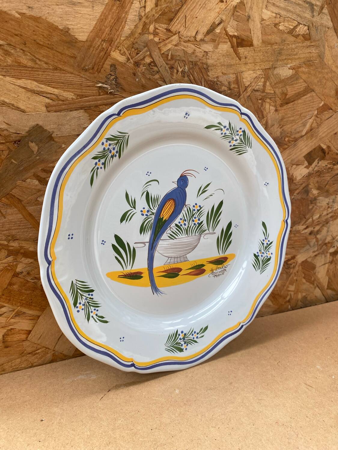 Old quimper henriot ceramic plate vintage bird decor #b190
