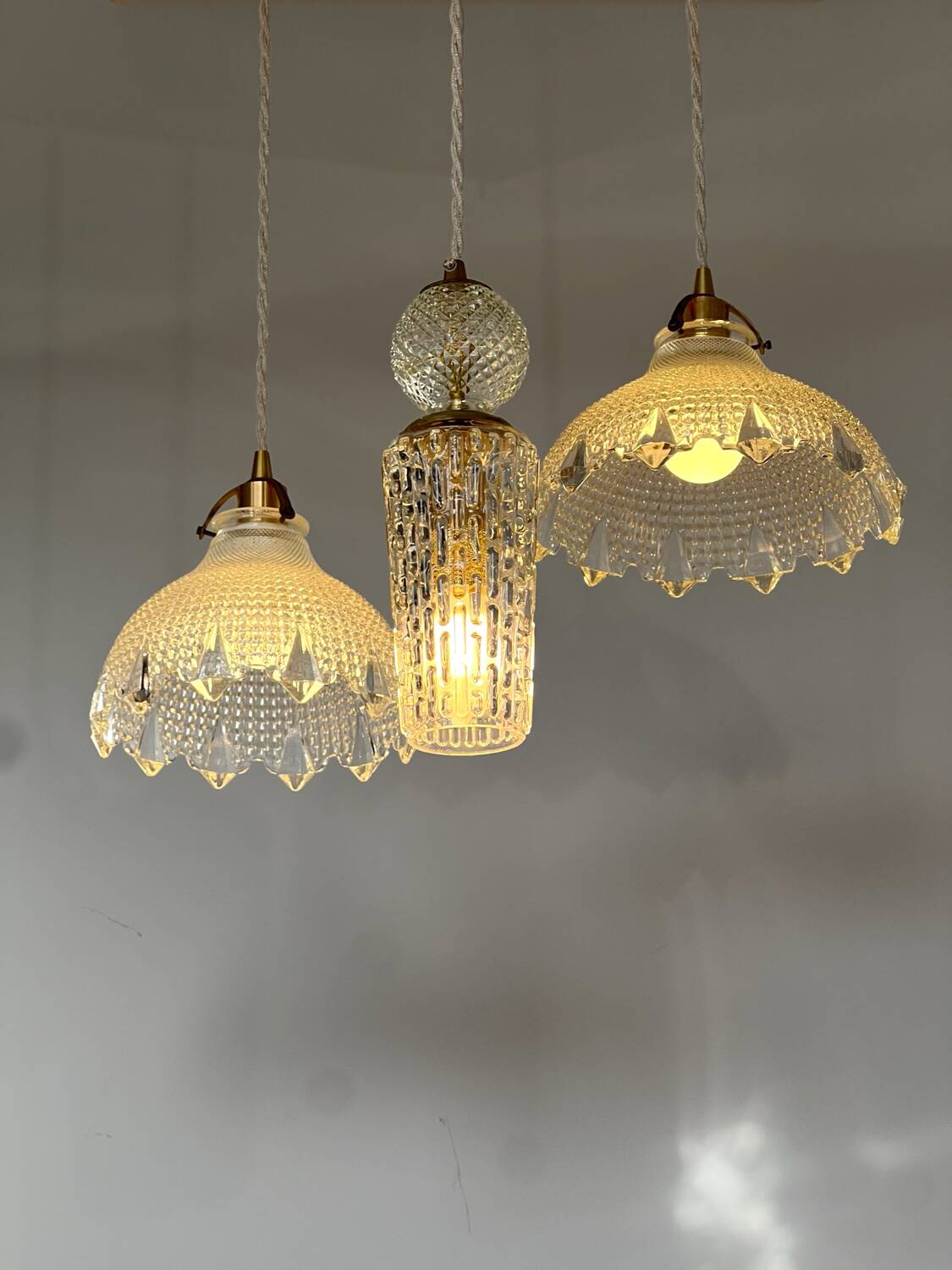 Triple pendant light with Holophanes and vintage tulips