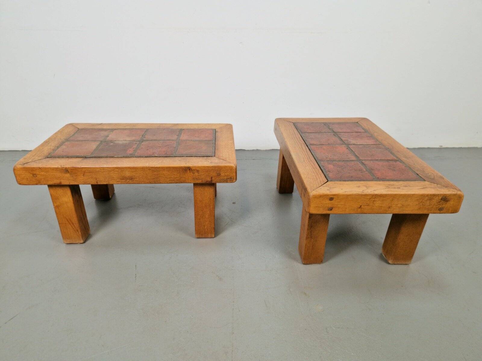 Brutalist Oak Side Table with Terracotta Tiles, 1950s, Set of 2