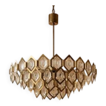 Chandelier en verre facetté en laiton Jaroslav Bejvl Kamenický Šenov années 1960 Tchécoslovaquie