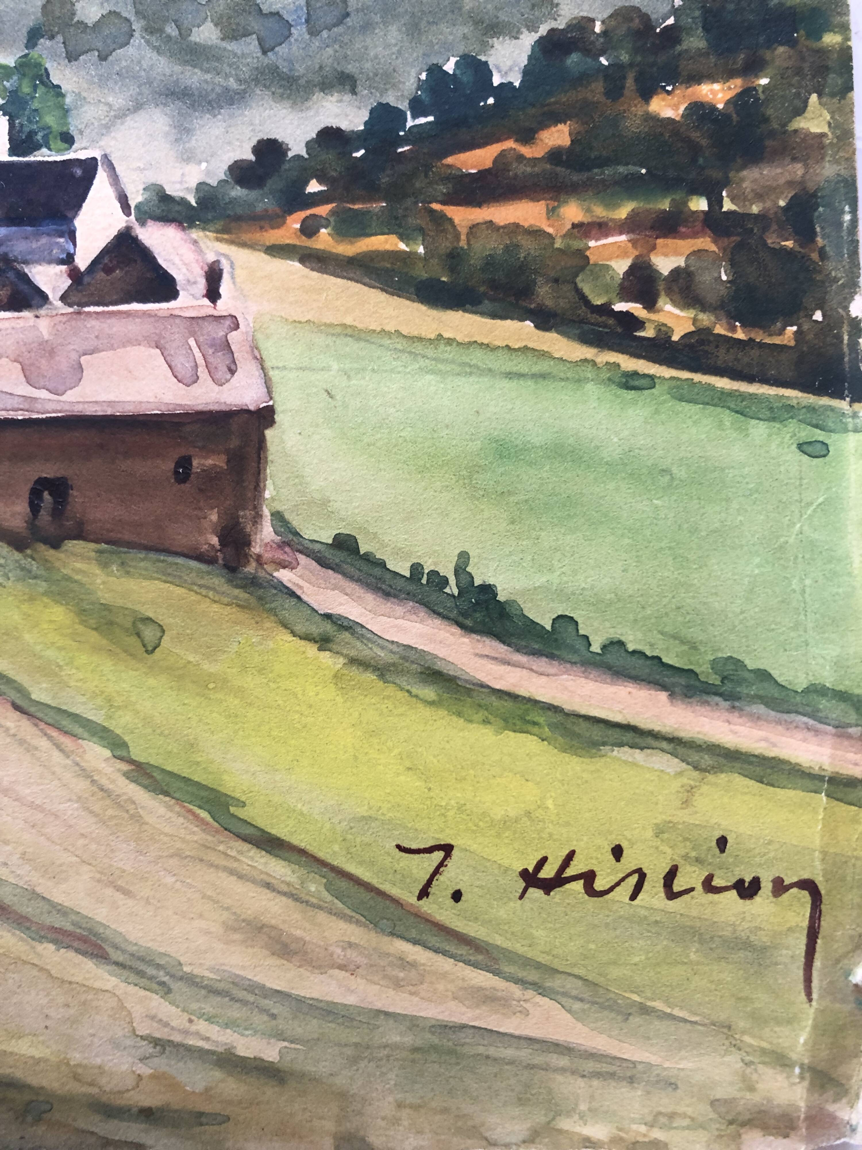 Watercolor painting mountain landscape by joseph hillion circa 1920 village alpes savoie, unframed