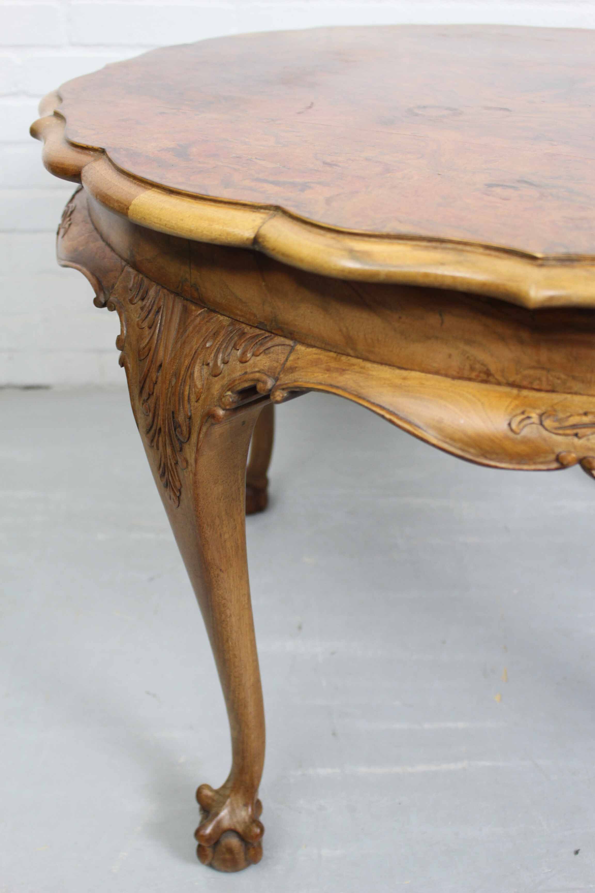 Coffee table in Baroque style, mid century, with claw foot legs, burl wood scalloped top