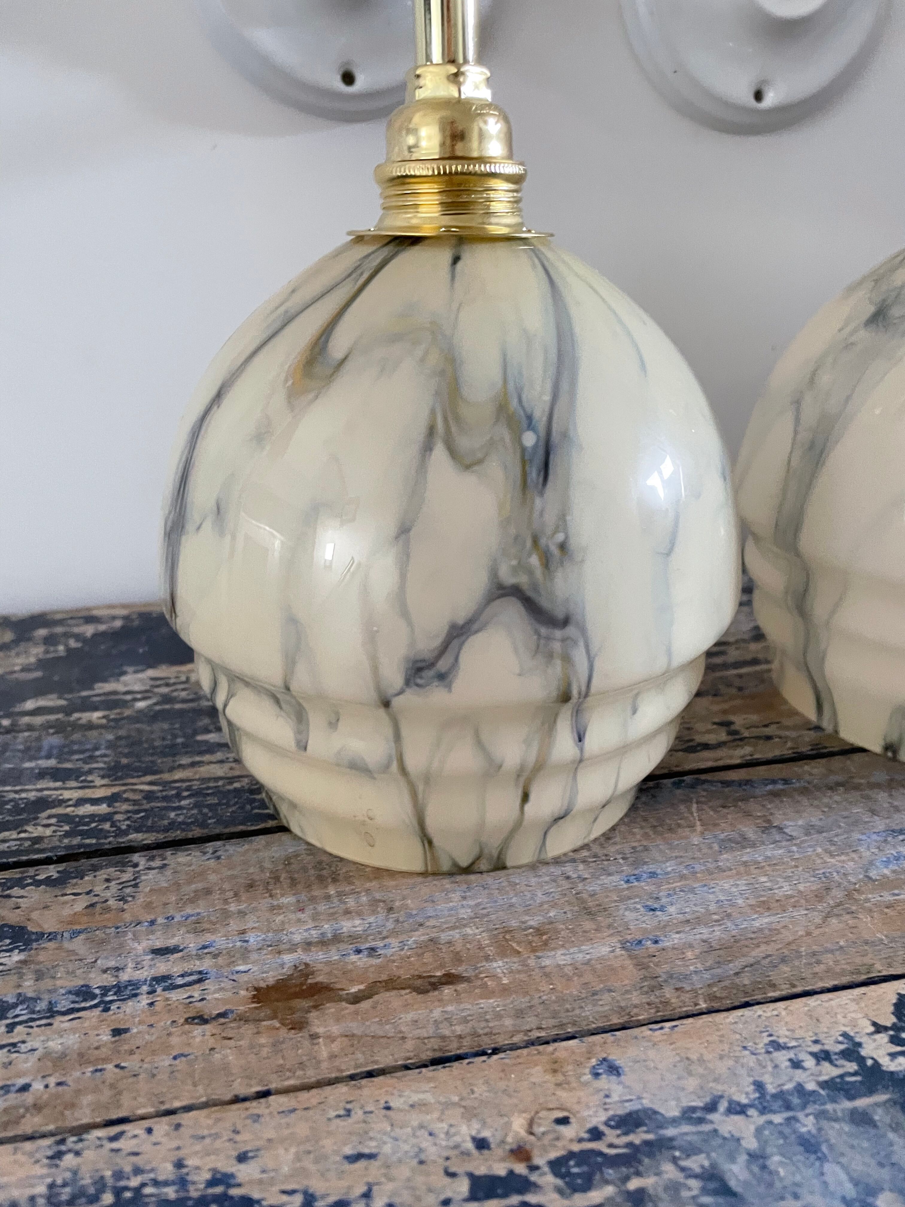 Pair of art deco wall lamps in marbled opaline