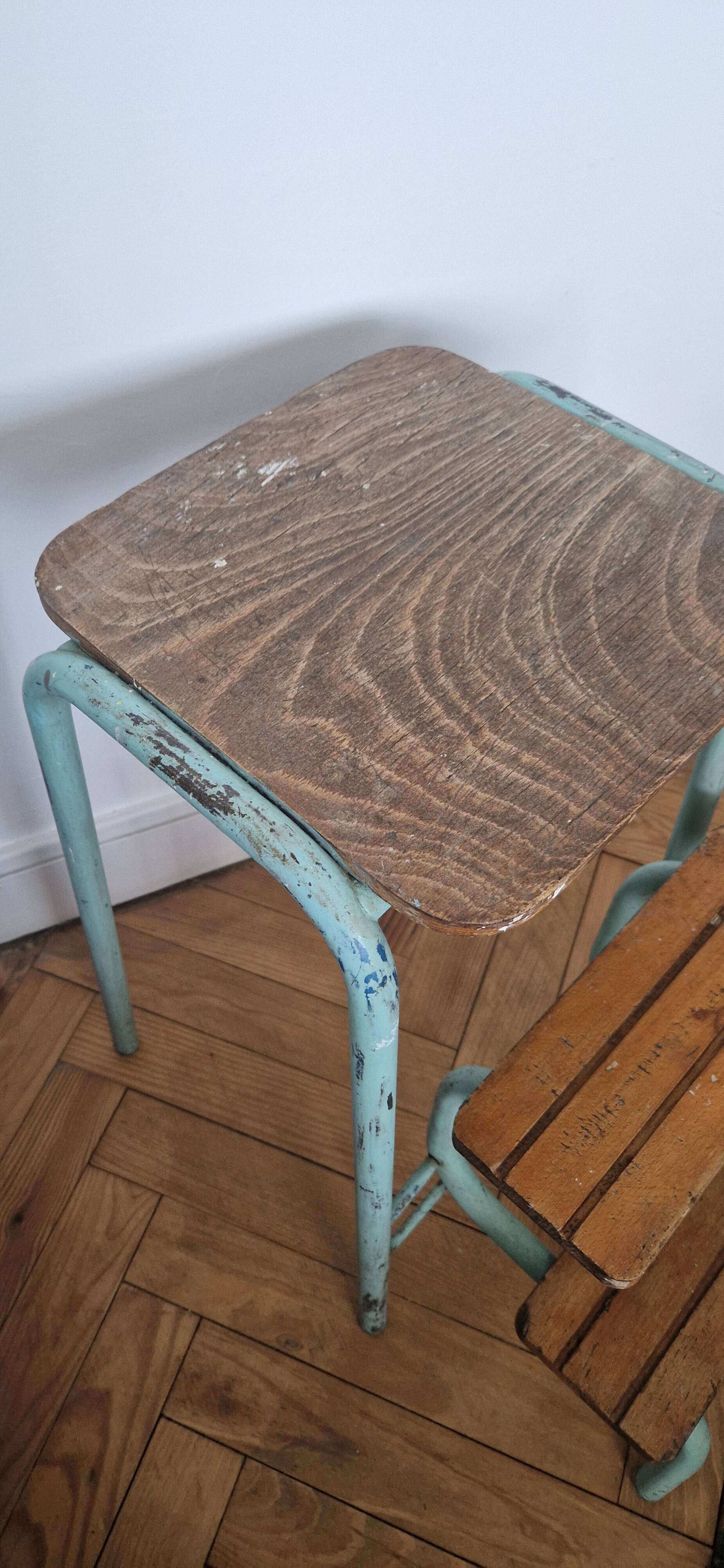 Tabouret escabeau vintage en bois et acier