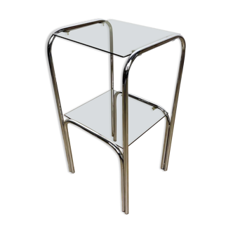 Table d'appoint double plateau métal chromé et verre fumé 70's